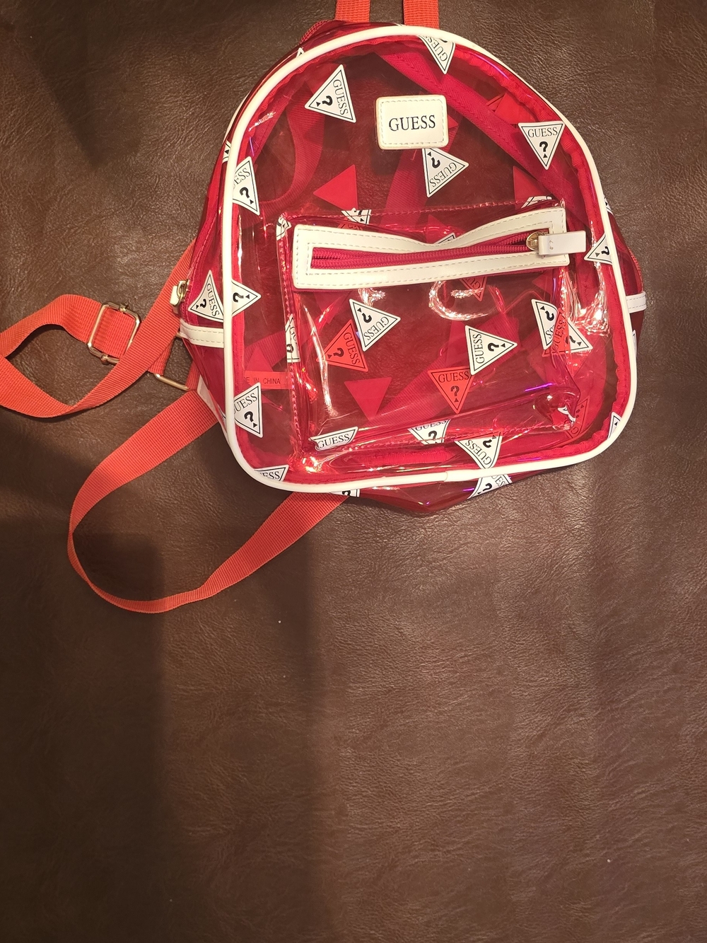 GUESS Red Clear Logo Mini Backpack with White Trim